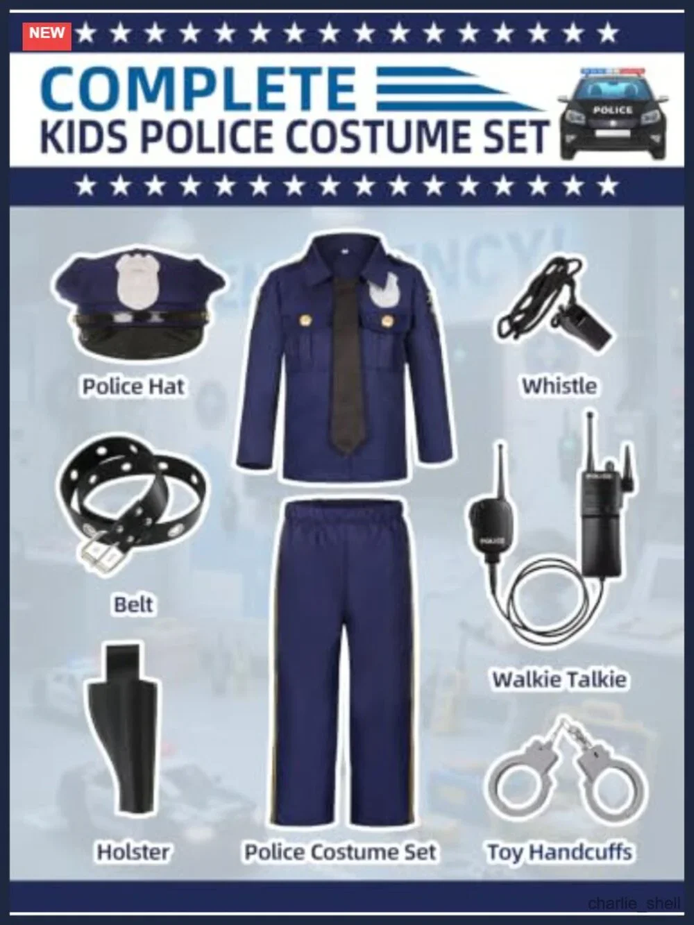 Boys Police Cop Costume 10-Piece Halloween Pretend Play Set Ages 3-12